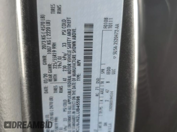 2020 Ford Escape Titanium with VIN 1FMCU9J92LUB45598, listed as a Copart auction lot 42088215 with 65,578 mi miles and Salvage title. Bid and sale history available at DreamBid. Image 15.