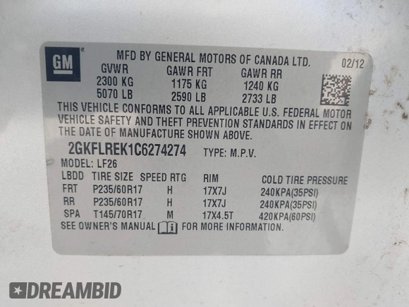 2012 GMC Terrain SLE-1 with VIN 2GKFLREK1C6274274, listed as a IAAI auction lot 42144937 with 82,132 mi miles. Bid and sale history available at carsss.com. Image 9.