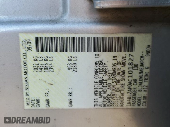 2010 Nissan Altima 3.5 SR with VIN 1N4BL2AP0AC101827, listed as a Copart auction lot 52973875 with 226,424 mi miles and Salvage Title. Bid and sale history available at carsss.com. Image 12.