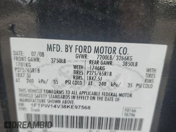 2008 Ford F-150 XLT с VIN 1FTPW14V38KE97568, выставлен на аукционе Copart как лот 53583495 с пробегом 144 641 миль миль и Списание • Salvage title. История ставок и продаж доступна на DreamBid. Изображение 12.