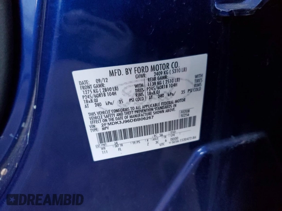 2013 Ford Edge SEL with VIN 2FMDK3J96DBB06267, listed as a Copart auction lot 84403014 with 192,050 mi miles and Salvage Title. Bid and sale history available at carsss.com. Image 12.