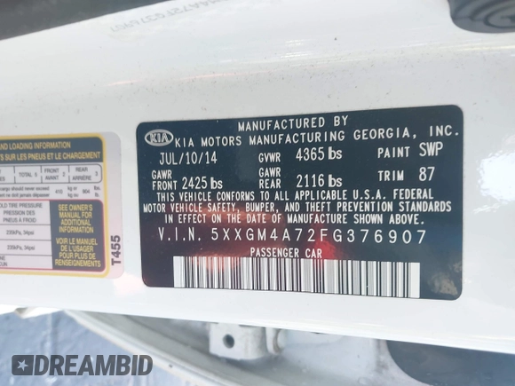 2015 Kia Optima LX with VIN 5XXGM4A72FG376907, listed as a IAAI auction lot 41823625 with 156,281 mi miles. Bid and sale history available at carsss.com. Image 9.