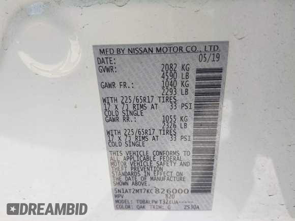 2019 Nissan Rogue SV with VIN 5N1AT2MT7KC826000, listed as a IAAI auction lot 40815450 with 23,324 mi miles and . Bid and sale history available at DreamBid. Image 9.