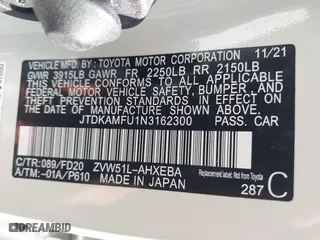 2022 Toyota Prius L Eco with VIN JTDKAMFU1N3162300, listed as a IAAI auction lot 41501371 with 16,521 mi miles. Bid and sale history available at carsss.com. Image 9.