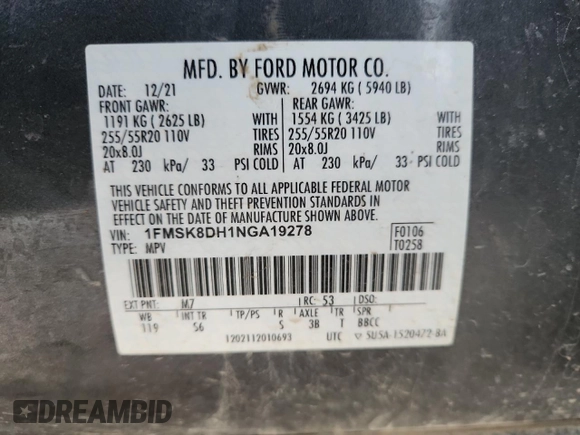 2022 Ford Explorer XLT с VIN 1FMSK8DH1NGA19278, выставлен на аукционе Copart как лот 61807345 с пробегом 67 659 миль миль и Списание • Salvage title. История ставок и продаж доступна на DreamBid. Изображение 13.