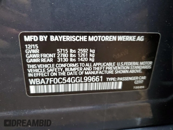 2016 BMW 7 Series 750i with VIN WBA7F0C54GGL99661, listed as a Copart auction lot 71742154 with 104,498 mi miles and Salvage Title. Bid and sale history available at carsss.com. Image 12.