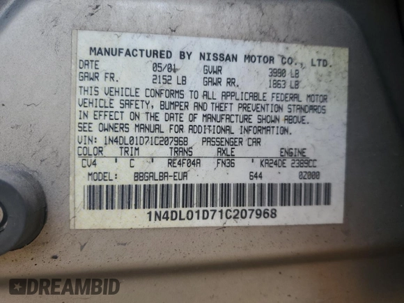 2001 Nissan Altima GXE with VIN 1N4DL01D71C207968, listed as a Copart auction lot 85473544 with 0 mi miles and Salvage Title. Bid and sale history available at carsss.com. Image 12.