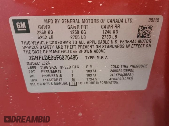 2015 Chevrolet Equinox LTZ with VIN 2GNFLDE35F6376485, listed as a Copart auction lot 45392635 with 80,530 mi miles and Salvage Title. Bid and sale history available at carsss.com. Image 14.