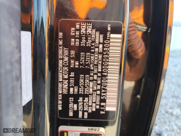 2013 Hyundai Santa Fe 2.0T Sport with VIN 5XYZUDLA0DG095800, listed as a Copart auction lot 51801535 with 198,180 mi miles and Salvage Title. Bid and sale history available at carsss.com. Image 12.