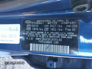 2015 Hyundai Accent GLS with VIN KMHCT4AE6FU916149, listed as a IAAI auction lot 41082268 with 153,219 mi miles. Bid and sale history available at carsss.com. Image 9.