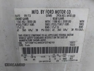 2013 Ford F-150 XL with VIN 1FTMF1CM5DFD74210, listed as a IAAI auction lot 42649783 with 145,316 mi miles and . Bid and sale history available at DreamBid. Image 9.