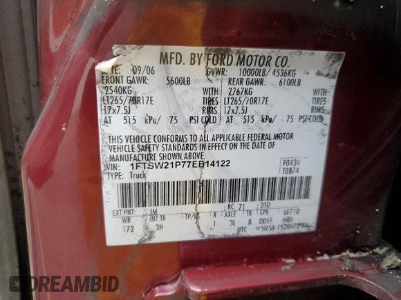 2007 Ford F-250 XL z VIN 1FTSW21P77EB14122, wystawiony jako Copart lot #48698525 z przebiegiem 122 451 mil mil oraz Szkoda całkowita • Salvage title. Historia ofert i sprzedaży dostępna na DreamBid. Obrazek 12.
