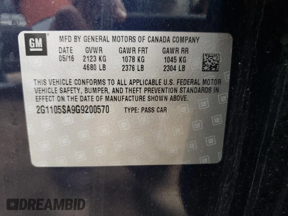 2016 Chevrolet Impala LT with VIN 2G1105SA9G9200570, listed as a Copart auction lot 58587575 with 133,489 mi miles and Salvage title. Bid and sale history available at DreamBid. Image 12.