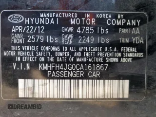 2012 Hyundai Azera z VIN KMHFH4JG0CA161867, wystawiony jako Copart lot #86928654 z przebiegiem 243 946 mil mil oraz Czysty tytuł • Clean title. Historia ofert i sprzedaży dostępna na DreamBid. Obrazek 13.
