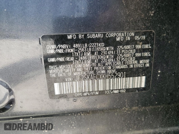 2019 Subaru Forester Premium with VIN JF2SKAECXKH552901, listed as a Copart auction lot 56133005 with 114,198 mi miles and Non repairable. Bid and sale history available at DreamBid. Image 13.