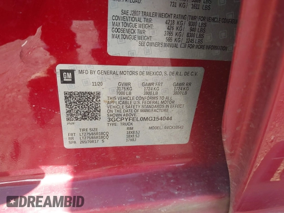 2021 Chevrolet Silverado 1500 LT Trail Boss with VIN 3GCPYFEL0MG154044, listed as a IAAI auction lot 41842781 with 102,505 mi miles and . Bid and sale history available at DreamBid. Image 9.