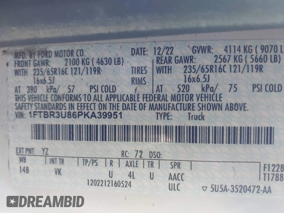 2023 Ford Transit Cargo with VIN 1FTBR3U86PKA39951, listed as a IAAI auction lot 41449397 with 46,883 mi miles and . Bid and sale history available at DreamBid. Image 9.