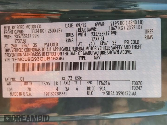 2016 Ford Escape SE с VIN 1FMCU9G93GUB16396, выставлен на аукционе Copart как лот 75874934 с пробегом 135 793 миль миль и Чистый • Clean title. История ставок и продаж доступна на DreamBid. Изображение 13.