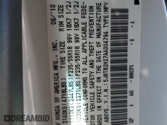 2010 Acura RDX z VIN 5J8TB2H27AA004794, wystawiony jako Copart lot #51976545 z przebiegiem Nie podano mil oraz Szkoda całkowita • Salvage title. Historia ofert i sprzedaży dostępna na DreamBid. Obrazek 12.