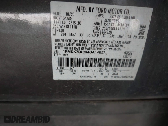 2021 Ford Explorer with VIN 1FMSK7BH9MGA14857, listed as a IAAI auction lot 42115751 with 92,327 mi miles and . Bid and sale history available at DreamBid. Image 9.