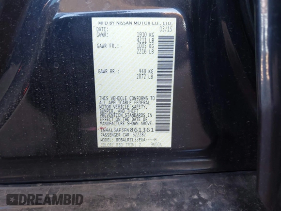 2015 Nissan Altima SL with VIN 1N4AL3AP3FN861361, listed as a IAAI auction lot 41886394 with 141,107 mi miles and . Bid and sale history available at DreamBid. Image 9.