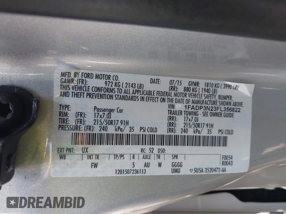 2015 Ford Focus Titanium with VIN 1FADP3N23FL356822, listed as a IAAI auction lot 41981053 with 115,584 mi miles and . Bid and sale history available at DreamBid. Image 9.