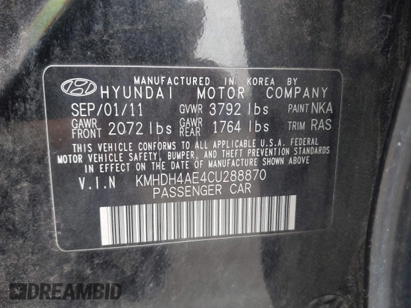 2012 Hyundai Elantra Limited with VIN KMHDH4AE4CU288870, listed as a IAAI auction lot 41793674 with 211,754 mi miles. Bid and sale history available at carsss.com. Image 9.