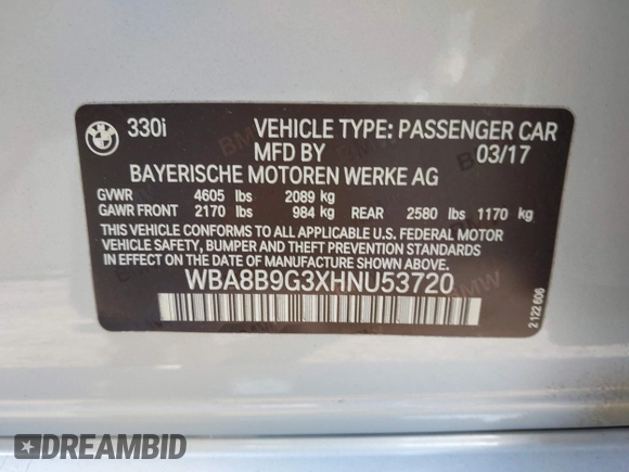 2017 BMW 3 Series 330i with VIN WBA8B9G3XHNU53720, listed as a IAAI auction lot 41993674 with 66,097 mi miles and . Bid and sale history available at DreamBid. Image 9.