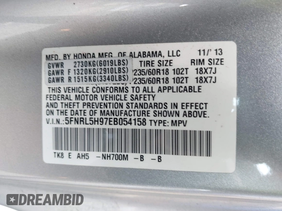 2014 Honda Odyssey Touring with VIN 5FNRL5H97EB054158, listed as a IAAI auction lot 42548360 with 91,161 mi miles and . Bid and sale history available at DreamBid. Image 9.