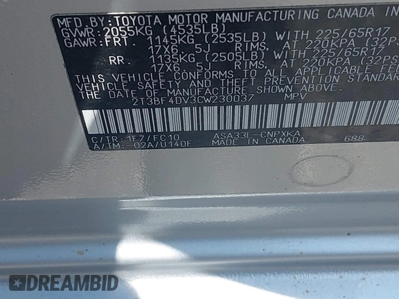 2012 Toyota RAV4 with VIN 2T3BF4DV3CW230037, listed as a IAAI auction lot 42767902 with 83,997 mi miles and . Bid and sale history available at DreamBid. Image 9.