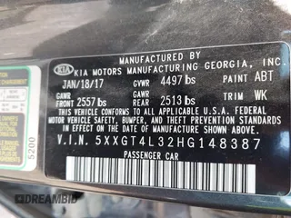 2017 Kia Optima LX with VIN 5XXGT4L32HG148387, listed as a IAAI auction lot 42647930 with 144,830 mi miles and . Bid and sale history available at DreamBid. Image 9.
