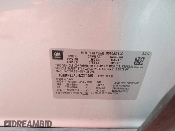 2017 GMC Acadia SLE with VIN 1GKKNLLA5HZ260468, listed as a IAAI auction lot 41729715 with 129,063 mi miles and . Bid and sale history available at DreamBid. Image 9.