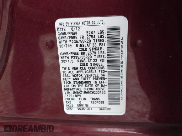 2012 Nissan Murano SV with VIN JN8AZ1MW9CW233153, listed as a IAAI auction lot 41974294 with 91,157 mi miles and . Bid and sale history available at carsss.com. Image 9.