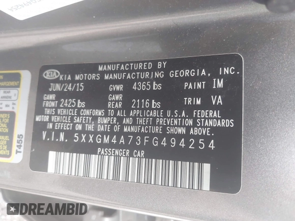 2015 Kia Optima LX with VIN 5XXGM4A73FG494254, listed as a IAAI auction lot 42756515 with 198,636 mi miles and . Bid and sale history available at DreamBid. Image 9.