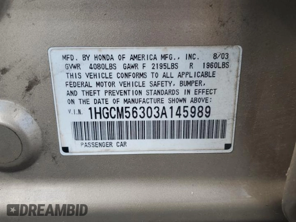 2003 Honda Accord LX with VIN 1HGCM56303A145989, listed as a Copart auction lot 56981815 with 67,652 mi miles and Salvage title. Bid and sale history available at DreamBid. Image 12.