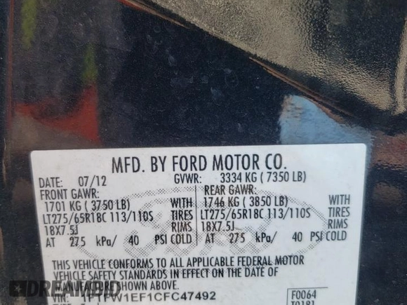 2012 Ford F-150 XL with VIN 1FTFW1EF1CFC47492, listed as a Copart auction lot 49002225 with 189,042 mi miles and Salvage Title. Bid and sale history available at carsss.com. Image 12.
