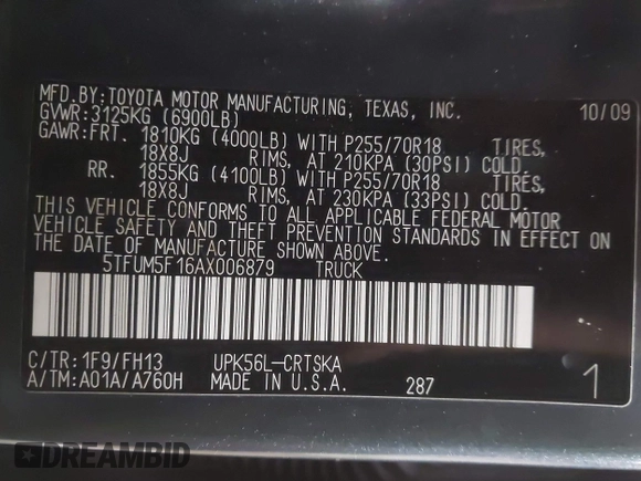 2010 Toyota Tundra 4WD Truck with VIN 5TFUM5F16AX006879, listed as a IAAI auction lot 40447273 with 219,498 mi miles. Bid and sale history available at carsss.com. Image 9.