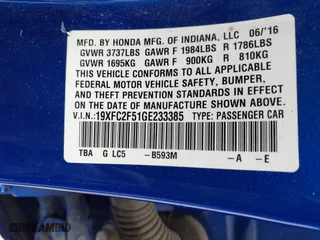 2016 Honda Civic Sedan LX with VIN 19XFC2F51GE233385, listed as a IAAI auction lot 42043765 with 112,253 mi miles. Bid and sale history available at carsss.com. Image 9.