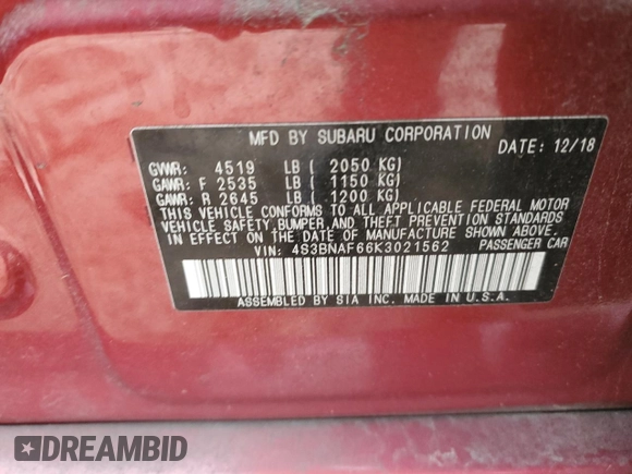 2019 Subaru Legacy Premium with VIN 4S3BNAF66K3021562, listed as a Copart auction lot 44026315 with 70,001 mi miles and Salvage Title. Bid and sale history available at carsss.com. Image 15.