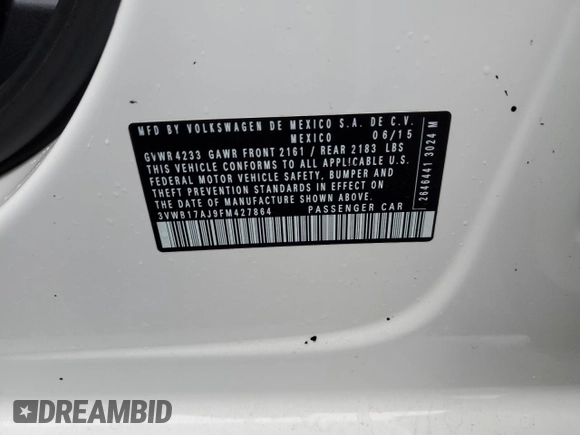 2015 Volkswagen Jetta Sport с VIN 3VWB17AJ9FM427864, выставлен на аукционе Copart как лот 80006324 с пробегом 112 978 миль миль и Чистый • Clean title. История ставок и продаж доступна на DreamBid. Изображение 12.