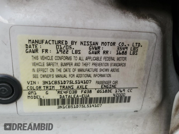 2005 Nissan Sentra S z VIN 3N1CB51D75L514107, wystawiony jako Copart lot #58093555 z przebiegiem 143 886 mil mil oraz Szkoda całkowita • Salvage title. Historia ofert i sprzedaży dostępna na DreamBid. Obrazek 12.