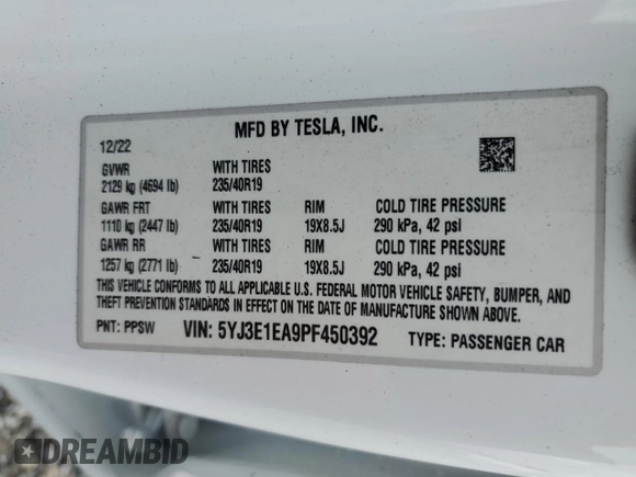 2023 Tesla Model 3 with VIN 5YJ3E1EA9PF450392, listed as a Copart auction lot 48534385 with 36,829 mi miles and Salvage Title. Bid and sale history available at DreamBid. Image 14.