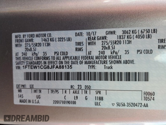 2018 Ford F-150 XL with VIN 1FTEW1CG8JFA88135, listed as a Copart auction lot 43628145 with 91,703 mi miles and Salvage Title. Bid and sale history available at carsss.com. Image 12.
