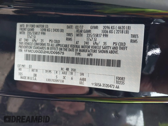 2017 Ford Escape SE with VIN 1FMCU0GD2HUD09575, listed as a IAAI auction lot 41952349 with 62,886 mi miles and . Bid and sale history available at DreamBid. Image 9.