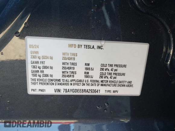 2024 Tesla Model Y Long Range with VIN 7SAYGDEE8RA293641, listed as a IAAI auction lot 41891018 with 7,341 mi miles and . Bid and sale history available at DreamBid. Image 9.
