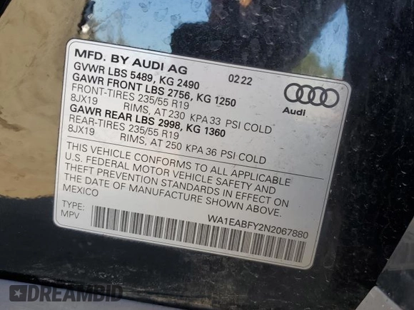 2022 Audi Q5 S line Premium Plus with VIN WA1EABFY2N2067880, listed as a Copart auction lot 53559415 with Not provided miles and Salvage title. Bid and sale history available at DreamBid. Image 15.