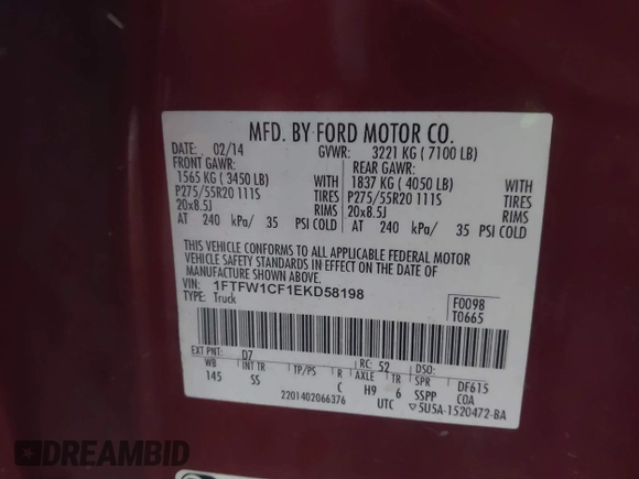2014 Ford F-150 XL with VIN 1FTFW1CF1EKD58198, listed as a IAAI auction lot 42086106 with 401,943 mi miles. Bid and sale history available at carsss.com. Image 9.