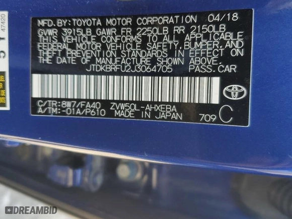 2018 Toyota Prius Two with VIN JTDKBRFU2J3064705, listed as a Copart auction lot 52171685 with 40,100 mi miles and Salvage Title. Bid and sale history available at carsss.com. Image 14.
