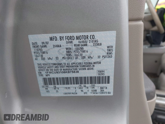 2008 Ford Escape XLT z VIN 1FMCU93108KB75838, wystawiony jako IAAI lot #41040911 z przebiegiem 205 049 mil mil oraz . Historia ofert i sprzedaży dostępna na DreamBid. Obrazek 9.