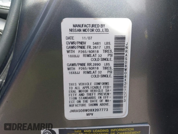 2008 Infiniti FX with VIN JNRAS08W08X207773, listed as a IAAI auction lot 42073600 with 130,912 mi miles and . Bid and sale history available at DreamBid. Image 9.